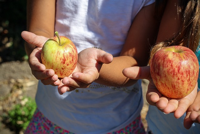 Two girls are holding apples